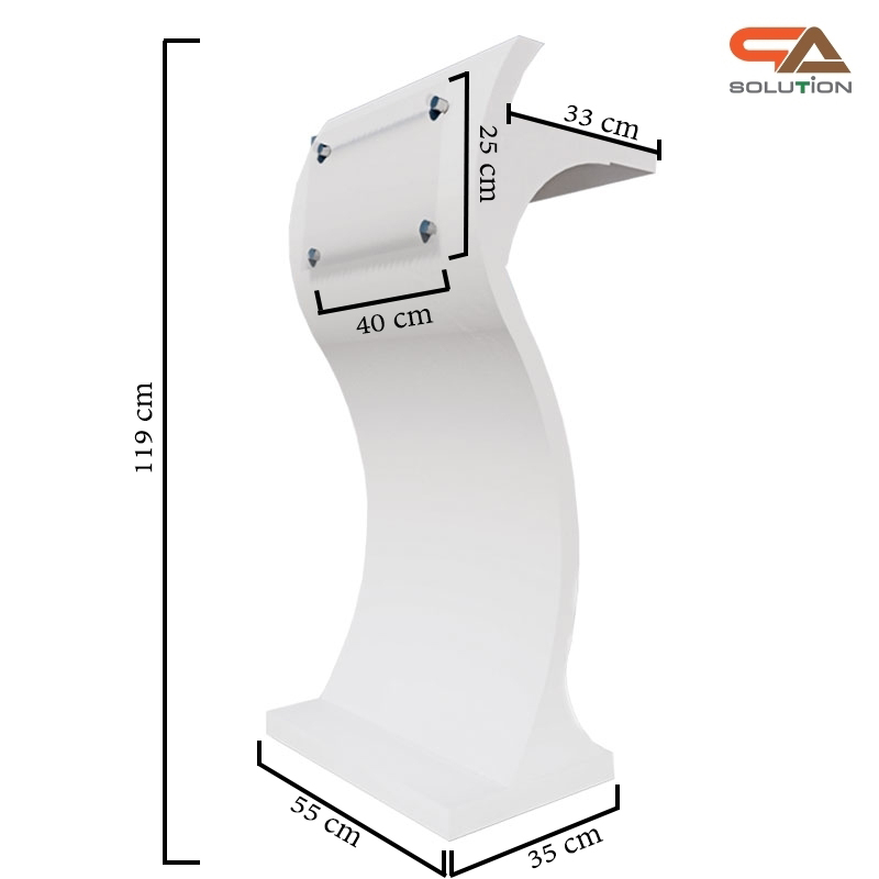 โพเดียมไม้ สีขาว ทรง S ขนาด (W)55 x (L)35 x (H)119 ซม. พร้อมอะคริลิคติดหมุดด้านหน้า สำหรับติดโลโก้