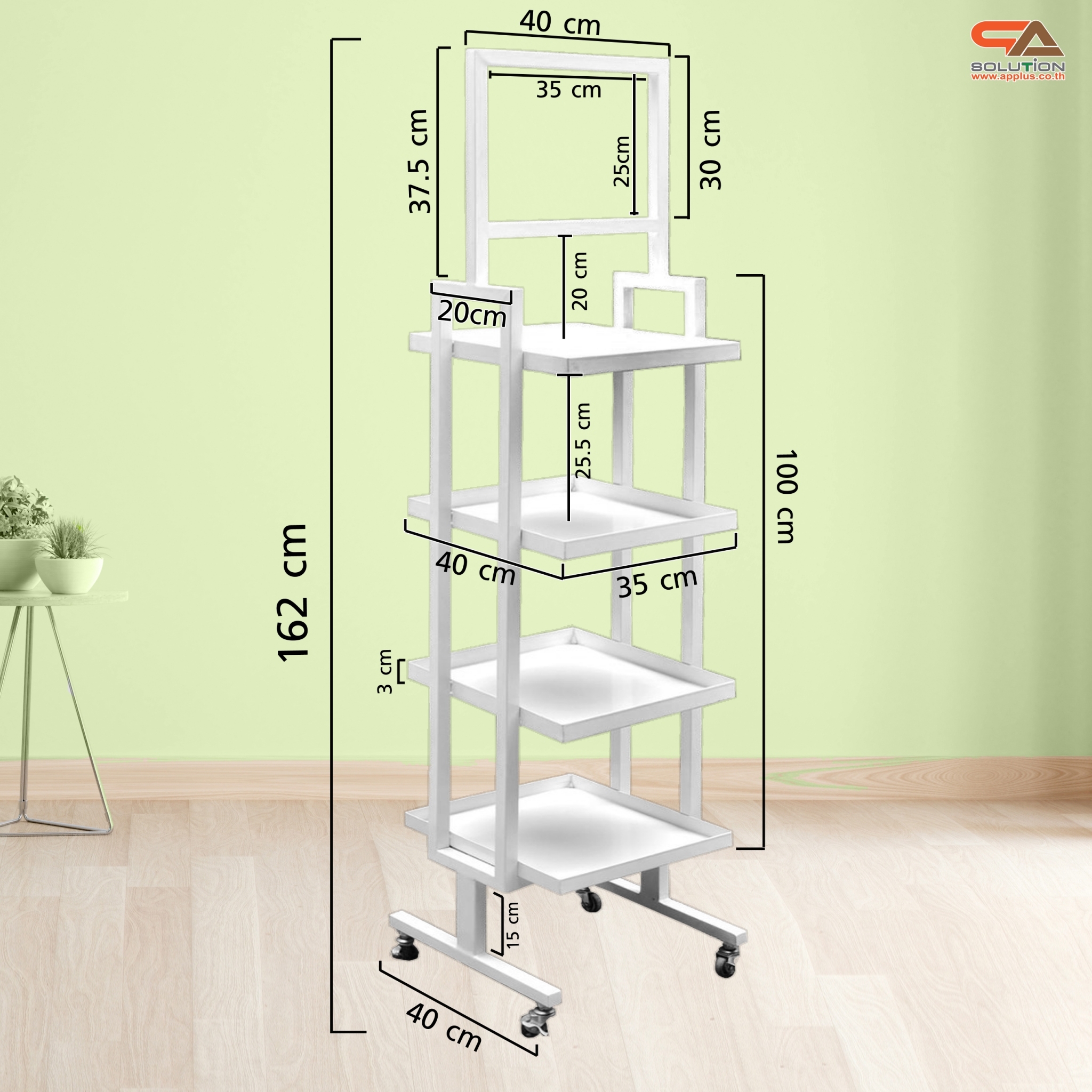 ชั้นวางสินค้าเหล็ก 4 ชั้น สีขาว ขนาด (W)40 x (D)40 x (H)162 ซม. พร้อมล้อ เคลื่อนย้ายสะดวก แข็งแรง รับน้ำหนักได้ดี