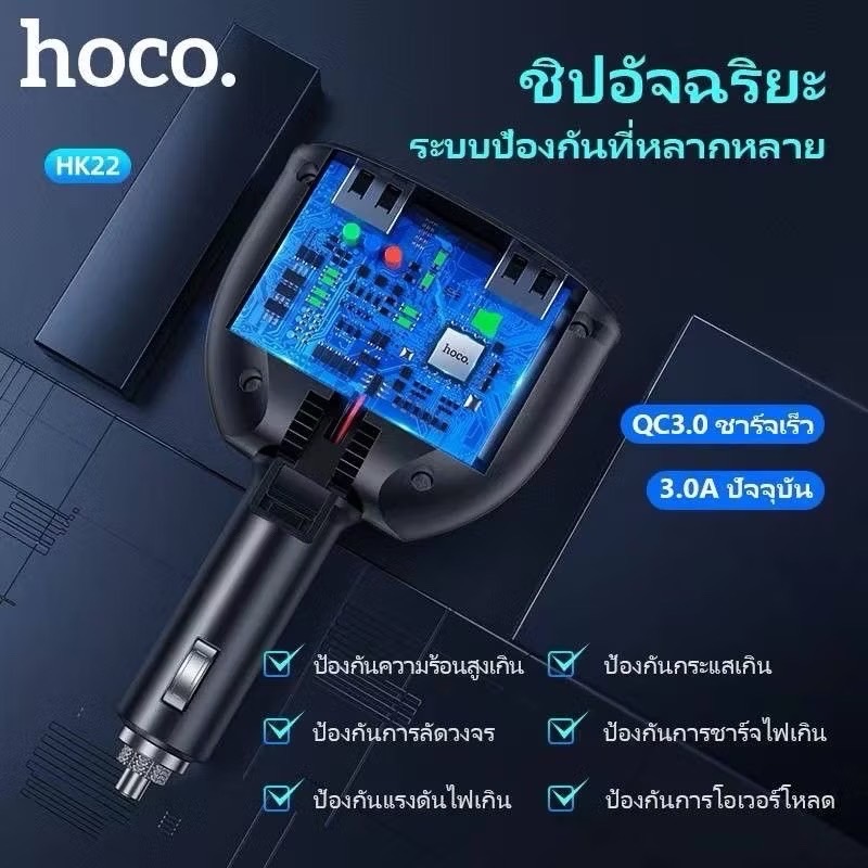 HOCO หัวชาร์จในรถยนต์ รองรับชาร์จเร็ว QC 3.0 ช่องชาร์จ 2 พอร์ต ช่องบุหรี่ 2 ช่อง จ่ายไฟ 3.1A มีหน้าจอ LED HOCO หัวชาร์จไฟในรถ 3.1A USB 2 พอร์ต มีช่องจุดบุหรี่ 2 ช่อง และจอ LED บอกสถานะ Car charger with digital display จำนวน 1 ชิ้น