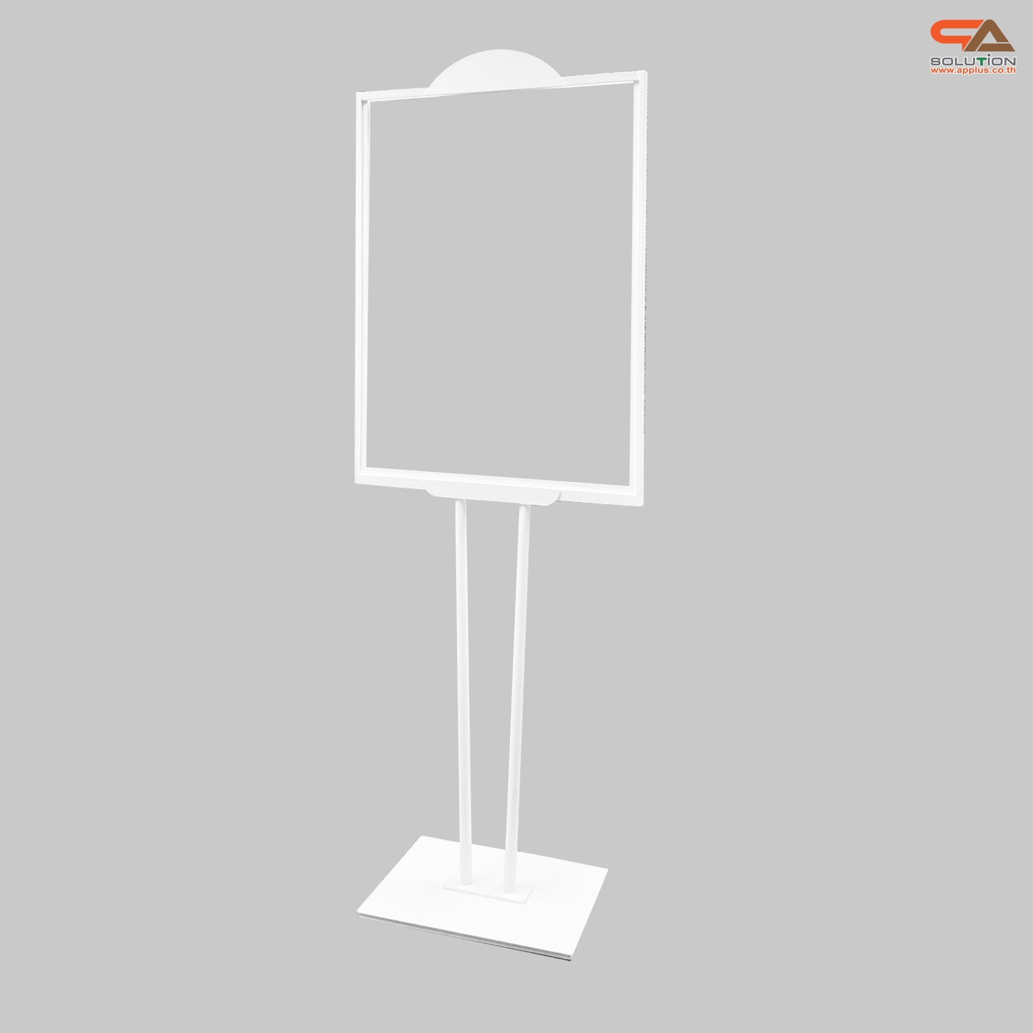 โปสเตอร์สแตนด์เหล็ก เสาคู่ สีขาว ขนาด (W)50 x (L)70 x H146 cm. ฐานเหลี่ยม โชว์งานพิมพ์2ด้าน ด้านบนครึ่งวงกลม สำหรับใส่โลโก้ ถอดประกอบได้