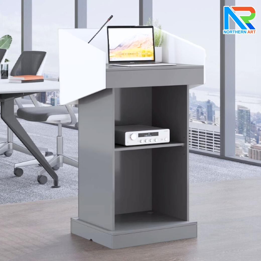 โพเดียมไม้MDF ทูโทน สีขาว และสีเทา ขนาด (W)73 x (L)54 x (H)117 cm. พร้อมชั้นวาง