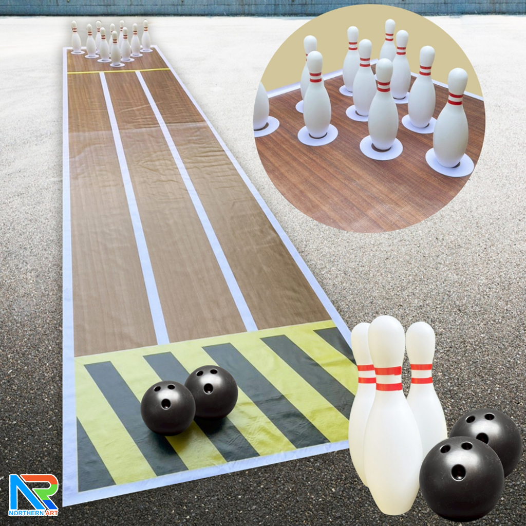 เกมส์โยนโบว์ลิ่งพร้อมผ้าใบ ขนาดโบว์ลิ่ง สูง 30 ซม. ขนาดผ้าใบ (W)100 x (L)497 cm. พร้อมพิน 10 อันและ ลูกบอลสีดำ 2 ลูก