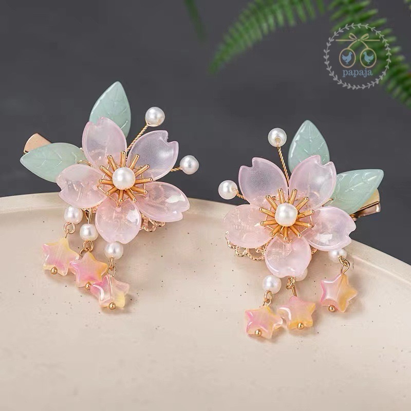 (No.191) ขายเป็นคู่ กิ๊ฟติดผมตรุษจีน ประดับหินสีชมพูอ่อนรูปดอกเหมย