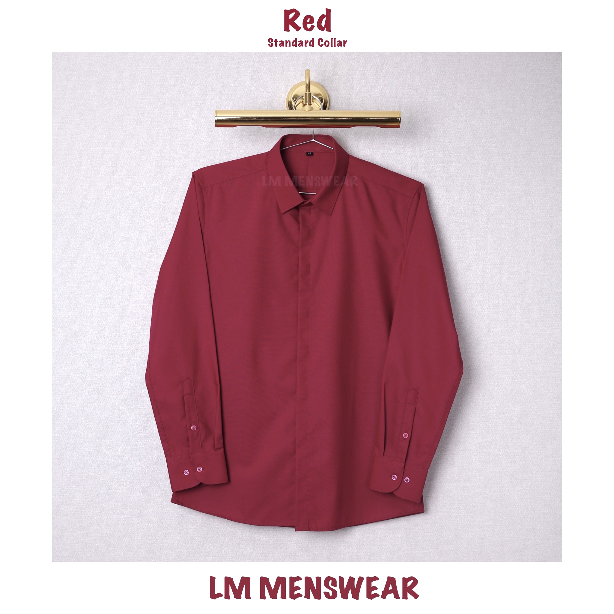 เสื้อเชิ้ตคอปกธรรมดา ซ่อนกระดุม สีแดง (Red Shirt - Standard Collar - Hidden Button)