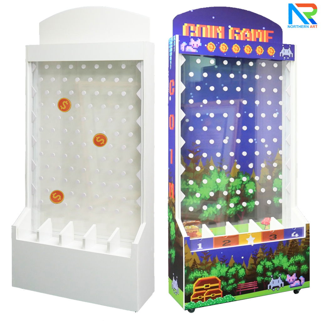 เช่าเกมส์หย่อนเหรียญตั้งพื้น มีล้อ ขนาด (W)80 X (D)30 X (H)150 cm. วัสดุไม้MDFปิดผิวเมลามีน และแผ่นอะคริลิคใส พร้อมเหรียญอะคริลิค 12 อัน