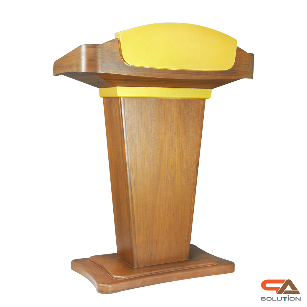 โพเดียมลายไม้สีสักและสีทอง รุ่น PD-07 ขนาดTOP (W)90 x (L)46 x (H)120 ซม. พร้อมชั้นวางของ