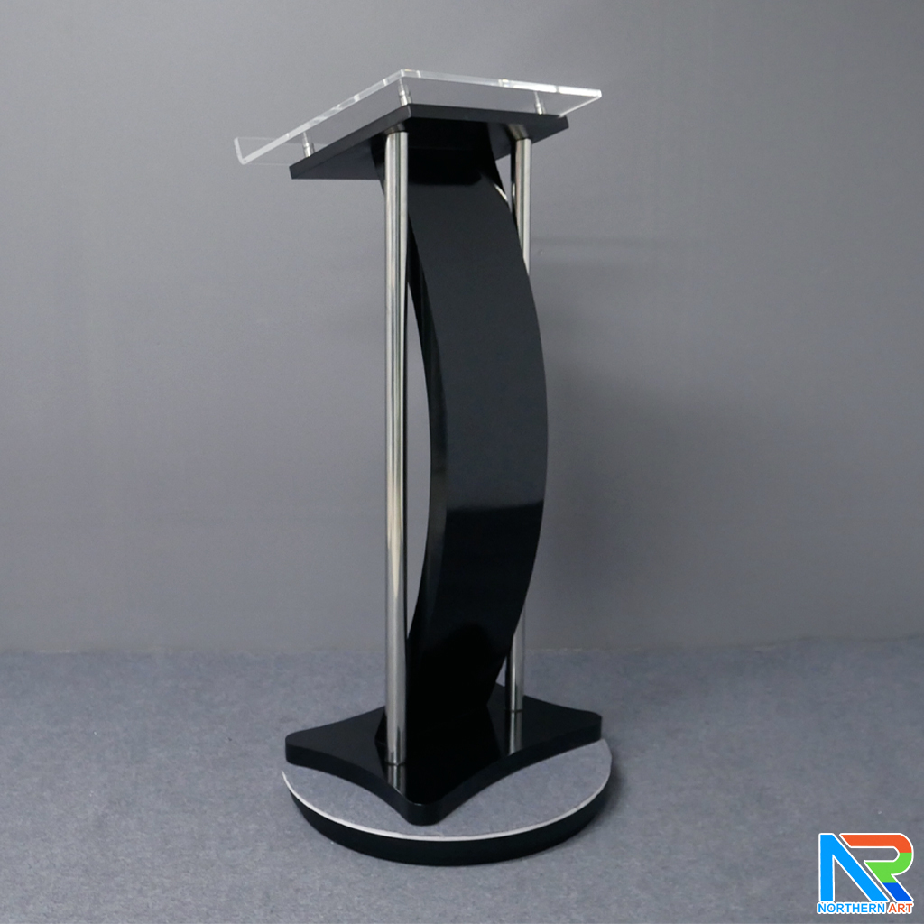 โพเดียมไม้ สีดำ ขนาด (W) 50 x (L) 40 x (H) 120 cm. พร้อมเสาสแตนเลสคู่ TOP เอียง อะคริลิคใส ติดหมุด