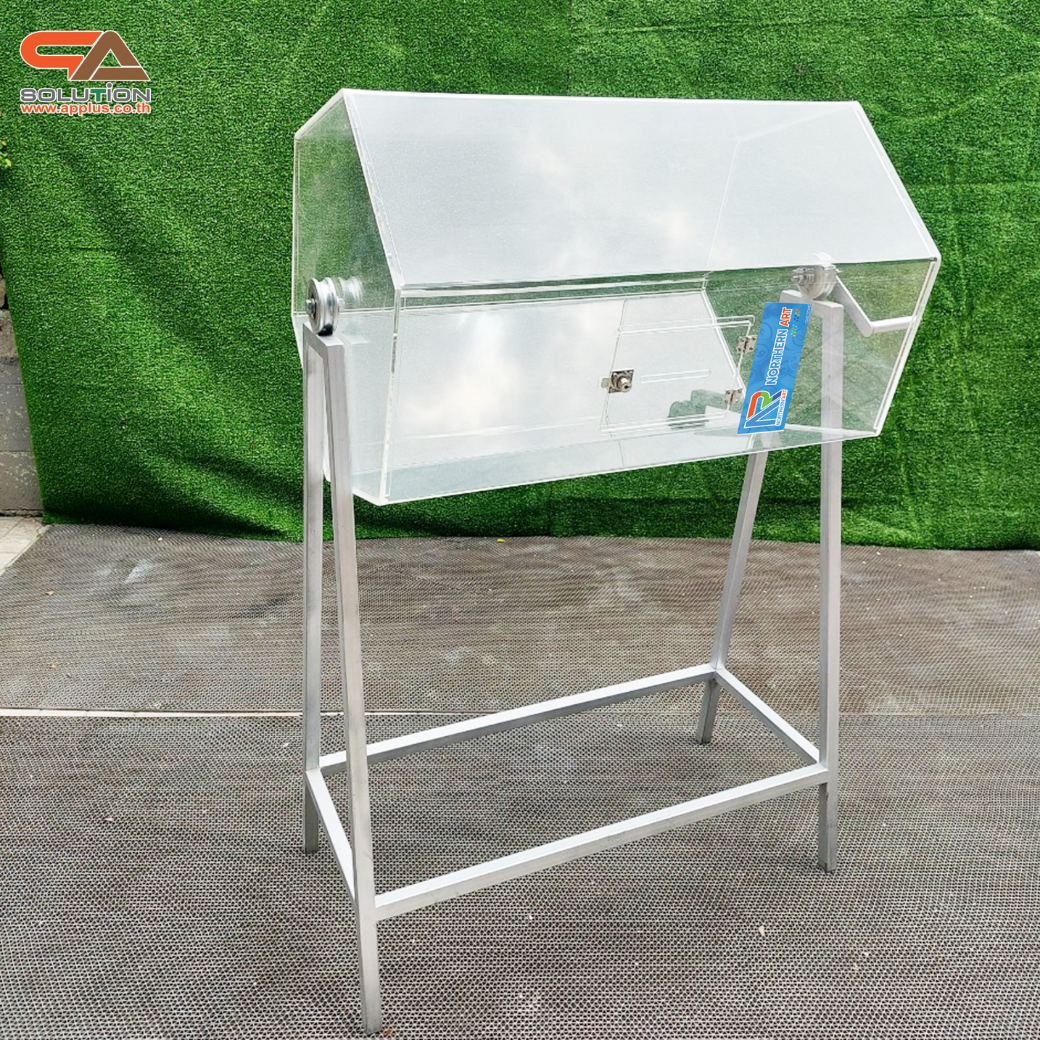 เช่ากล่องอะคริลิคจับรางวัล ตั้งพื้น หมุนได้360 องศา ขนาดกล่อง (W)80 x (D)58 x (H)132.5 cm. ฝาเปิดพร้อมกุญแจล็อค