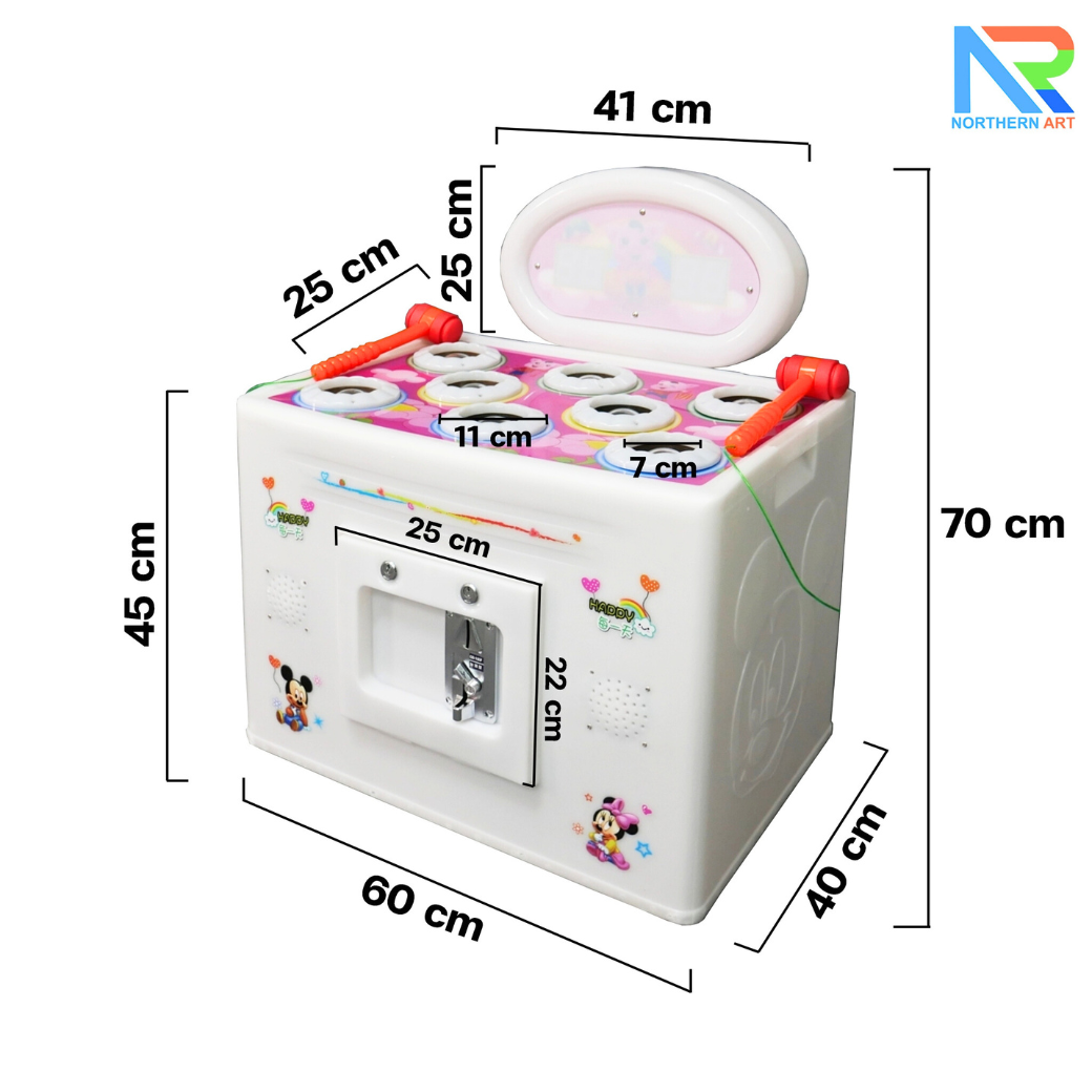 เกมส์ตีตุ่น ขนาด (W)60 x (D)40 x (H)70 cm. พร้อมไฟ LED นับคะแนน กุญแจสำหรับไขตู้เกมส์ 4 ดอก พร้อมเหรียญโลหะ 10 เหรียญ