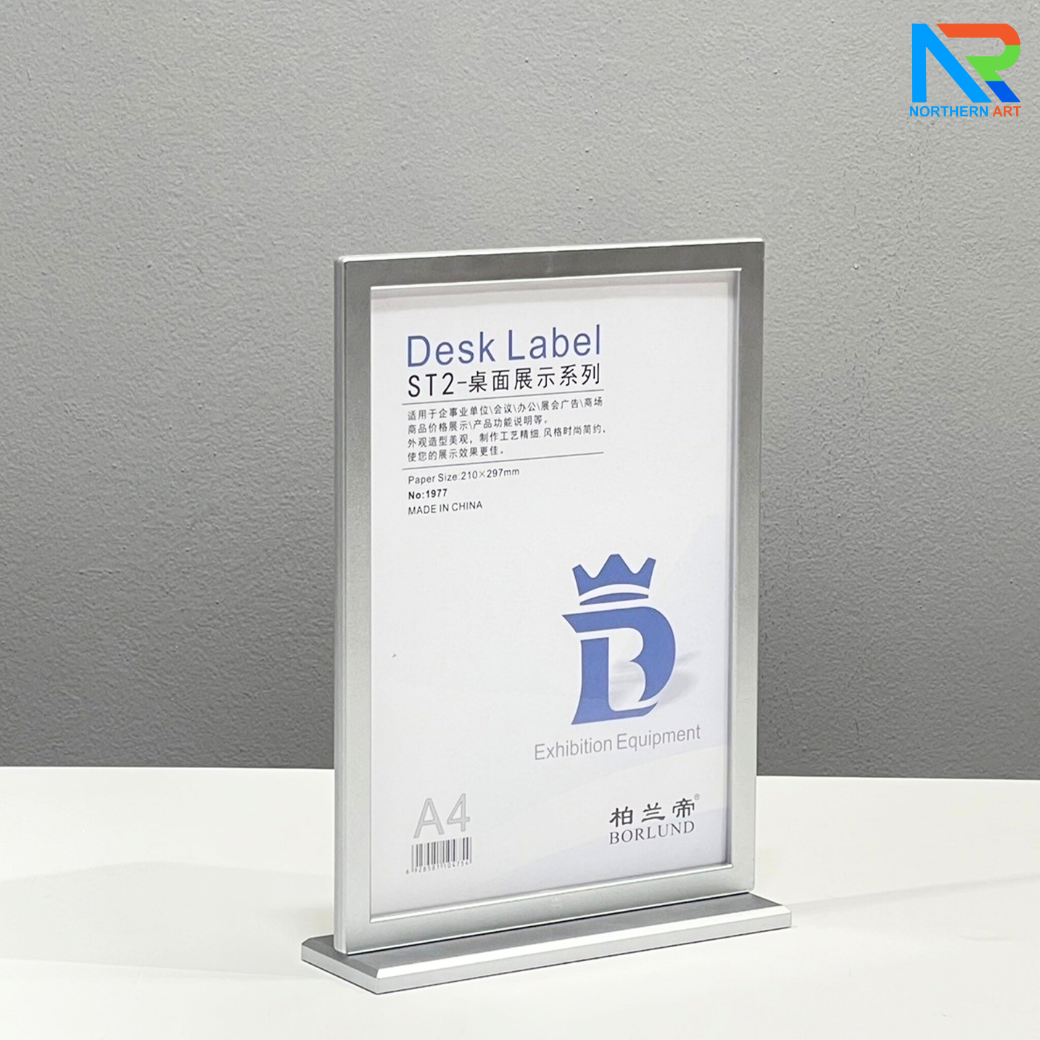 ป้ายตั้งโต๊ะ รุ่น F กรอบเฟรม สีทองและสีเงิน ขนาด A4 ฐานพลาสติก โชว์งานพิมพ์ได้ 2 หน้า ถอดประกอบได้