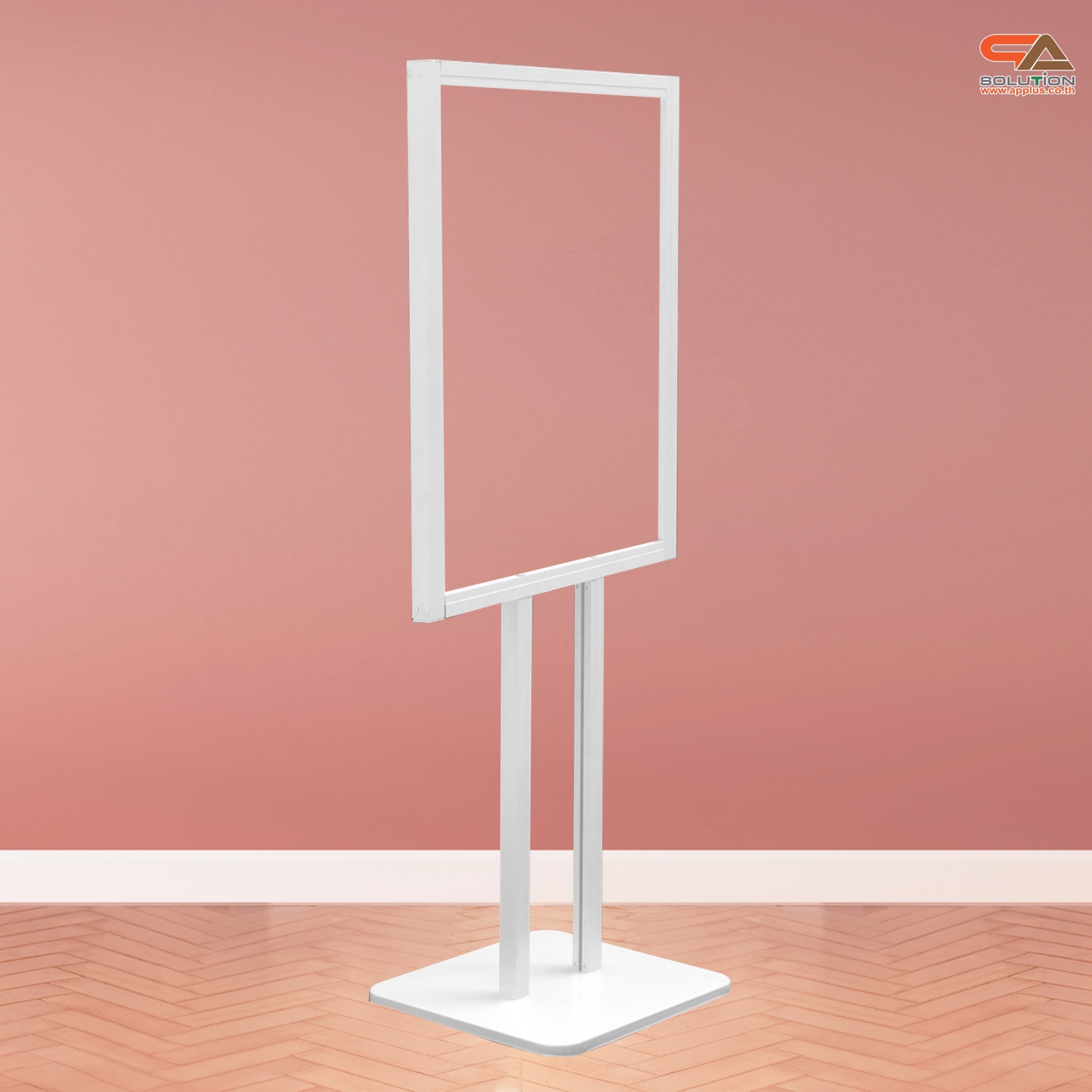 โปสเตอร์สแตนด์ อะลูมิเนียม สีขาว เสาคู่ ขนาด (W)60 x (L)44 x (H)153 cm. ฐานเหล็กสี่เหลี่ยม โชว์งานพิมพ์ 2 ด้าน ถอดประกอบได้