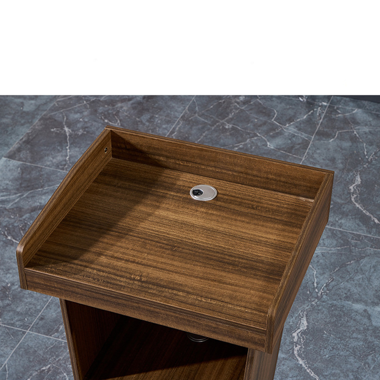 เช่าโพเดียมไม้ ลายไม้สีสัก ขนาด TOP (W)60 x (D)50 cm. สูง 109 cm. พร้อมชั้นวางของ