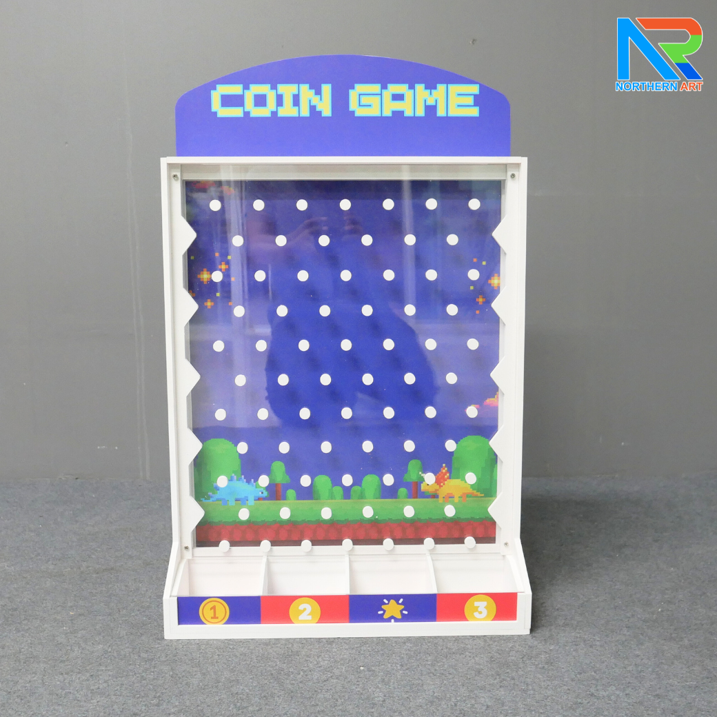 เช่าเกมส์หย่อนเหรียญตั้งโต๊ะ ขนาด (W)50 X (D)20 X (H)80 cm. วัสดุพลาสวูดหนา 8 มม. พร้อมเหรียญพลาสติกคละสี 10 เหรียญ