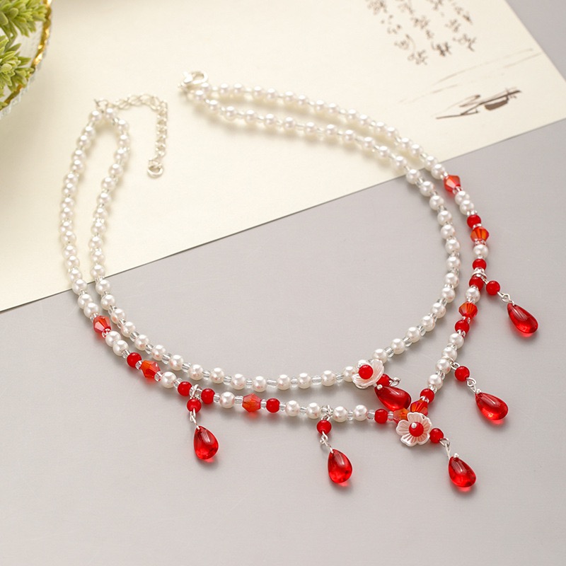 (No. 131) สร้อยคอไข่มุกแบบจีนโบราณ ห้อยอัญมณีสีแดงรูปหยดนำ้และดอกไม้