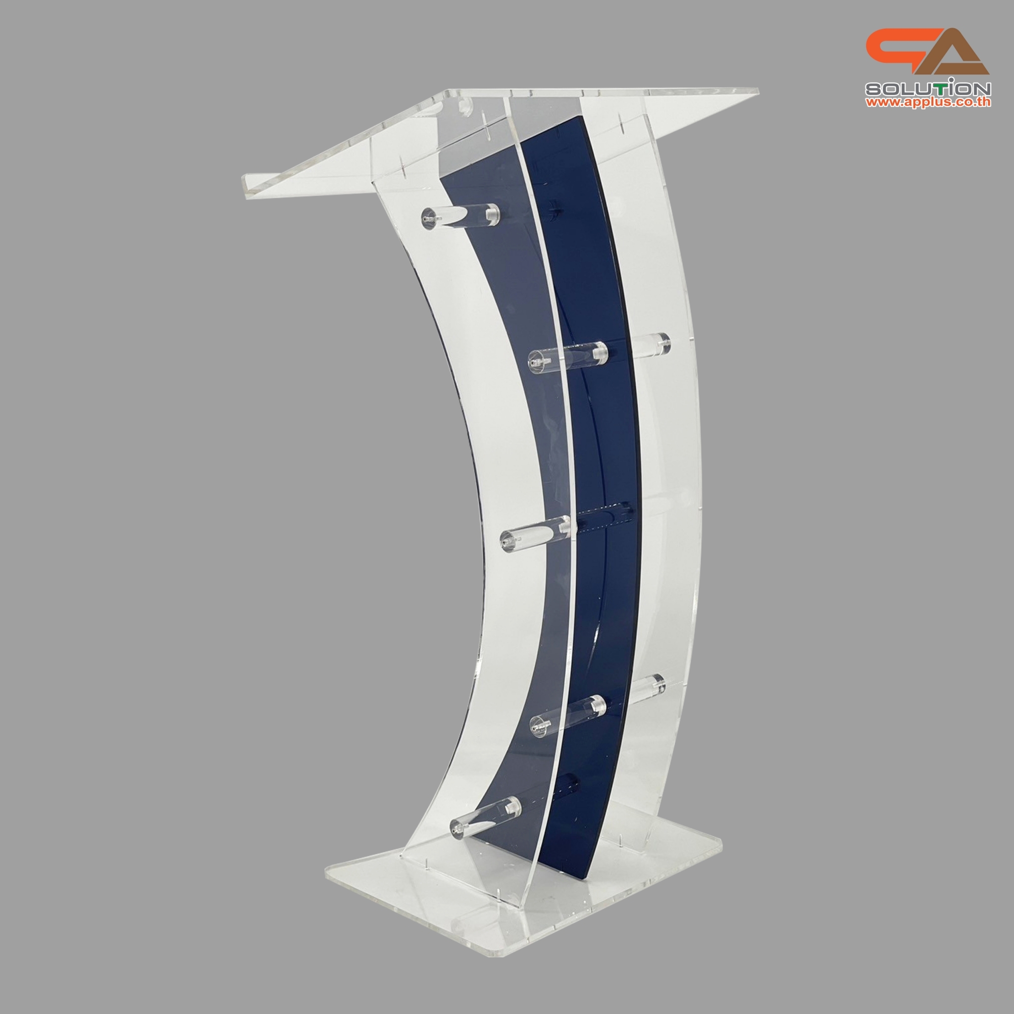 โพเดียมอะคริลิคใส และอะคริลิคสีน้ำเงิน ขนาด(W)60 x (L)42 x (H)113 cm. TOP เอียงพร้อมกันตก