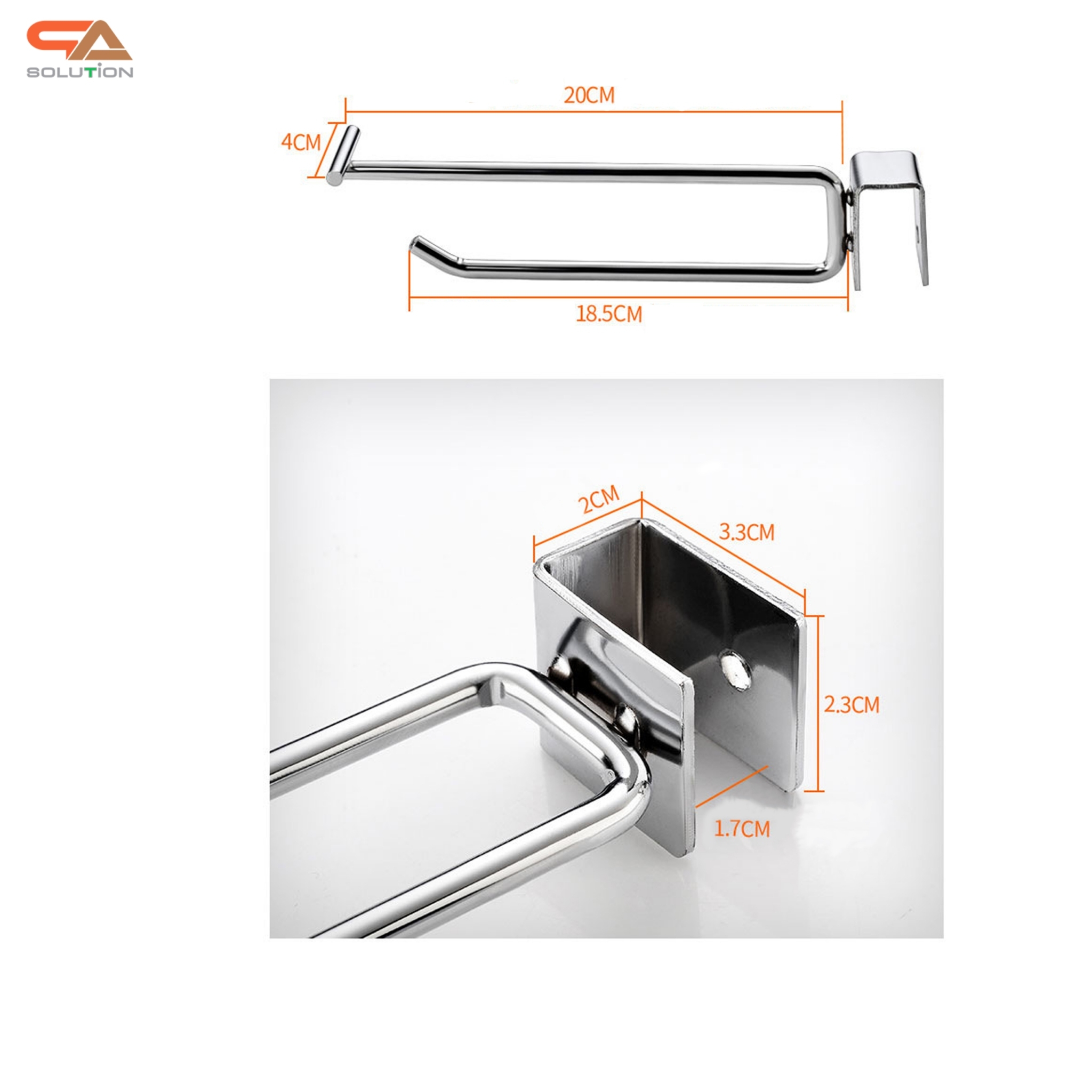 ขอแขวนสินค้า HOOK แบบแขนคู่ แขนบนยาว 20 cm. แขนล่าง 18.5 cm. สีเงิน พร้อมป้ายราคา 4x6 cm.