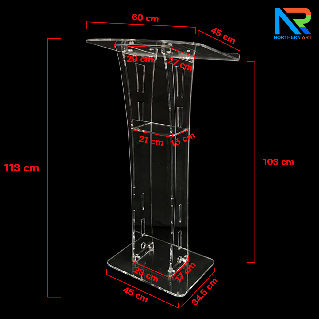 เช่าโพเดียมอะคริลิคใส TOPเอียง พร้อมกันตก ขนาด (W)60 x (L)45 x (H) 113 ซม. อะคริลิคใสหนา 10 มม.