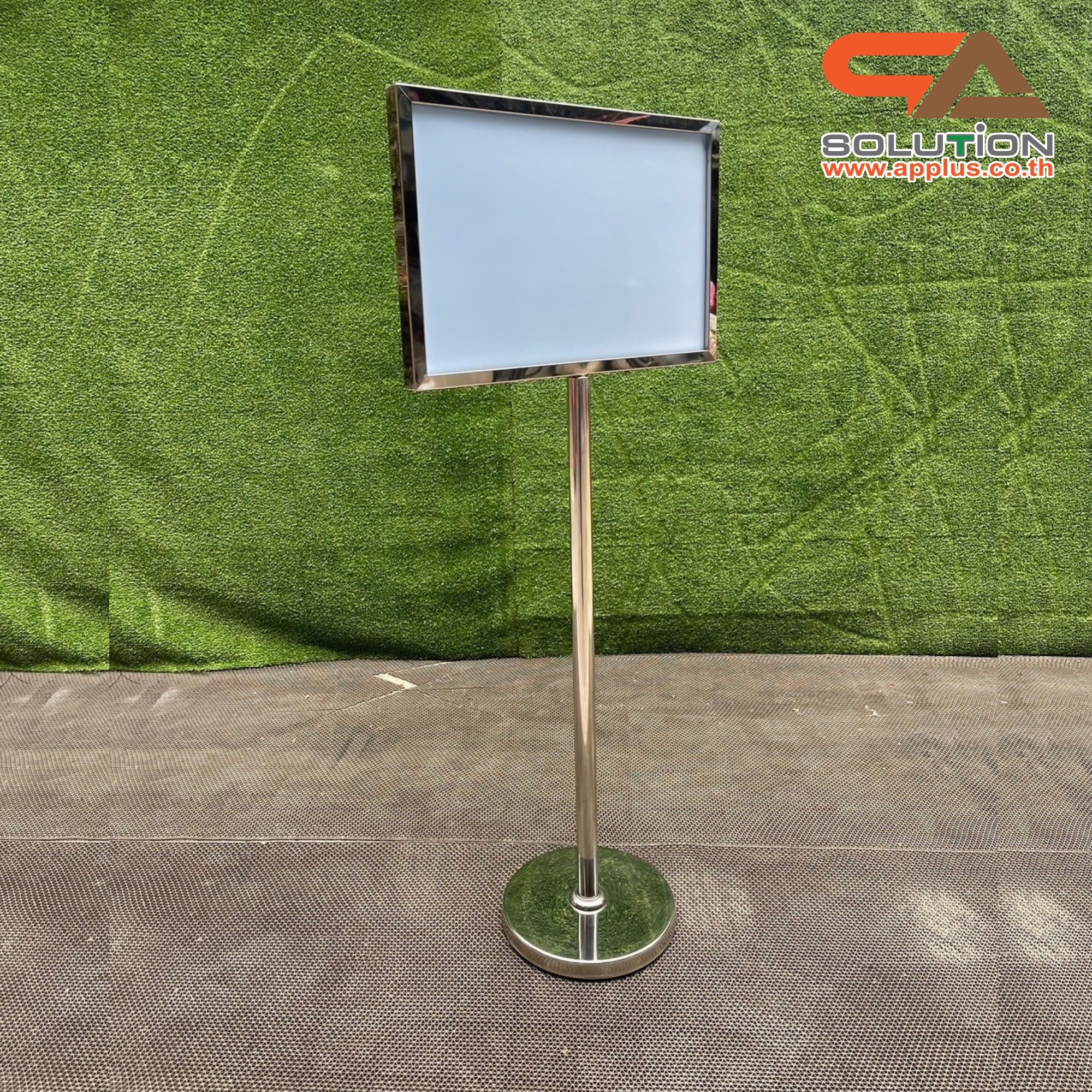 เช่าโปสเตอร์สแตนด์ สแตนเลส ขนาด A2 ฐานกลม โชว์ภาพ2ด้าน สอดงานพิมพ์ด้านบน