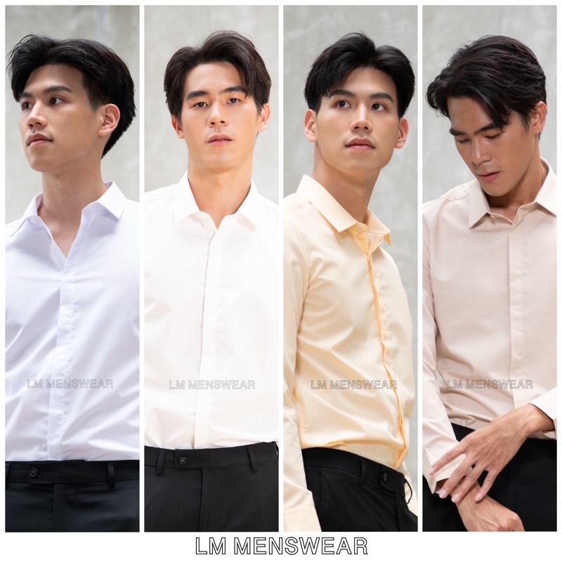 เสื้อเชิ้ตคุณภาพ คอปก 2 แบบ (ซ่อนกระดุม / โชว์กระดุม) สีขาวWhite ขาวครีมCream White เหลืองพีชPeach Yellow น้ำตาลอ่อนLight Brown