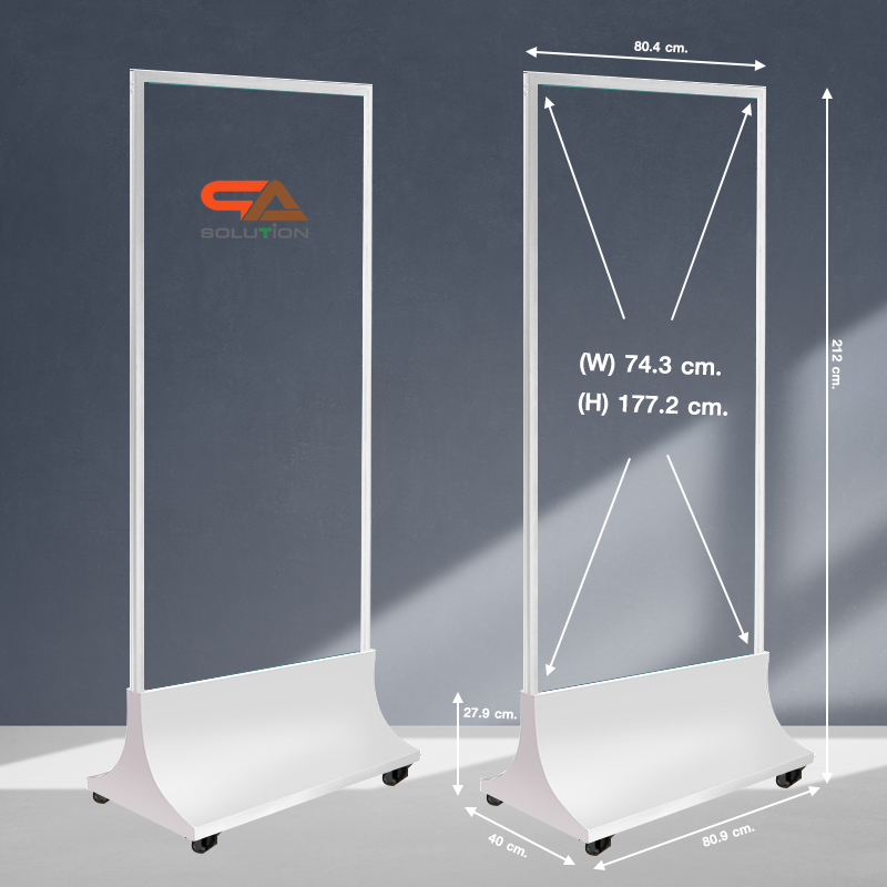 ป้ายตั้งพื้นสีขาว ฐานสามเหลี่ยม พร้อมล้อ ขนาด 80x180 ซม. โชว์งานพิมพ์ได้ 2 ด้าน ถอดประกอบได้ เคลื่อนย้ายสะดวก