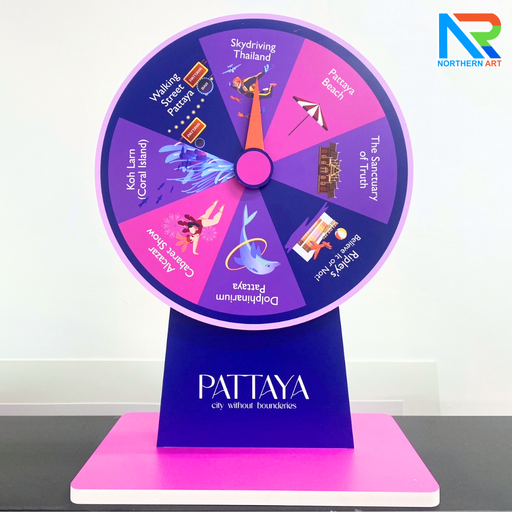 เกมส์วงล้อตั้งโต๊ะ ขนาดวงล้อ 40 ซม. สูง 56 ซม. วัสดุพลาสวูดสีขาว หนา 8-15 มม. ถอดประกอบได้