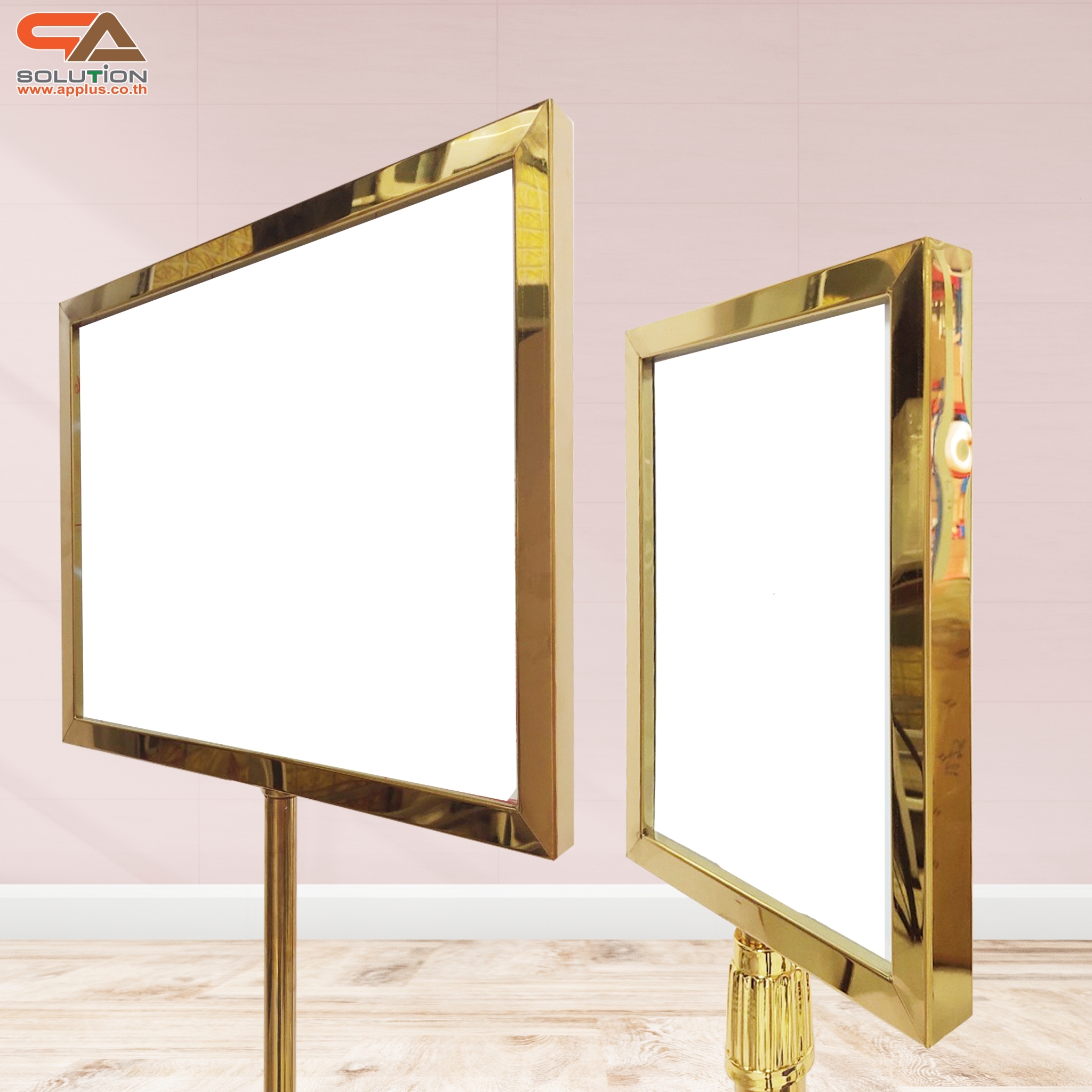 เช่าโปสเตอร์สแตนด์ สแตนเลสสีทอง201 ขนาด A4 ปรับสูง-ต่ำได้ แบบแนวตั้ง หรือแนวนอน โชว์ภาพ2ด้าน สอดงานพิมพ์ด้านบน