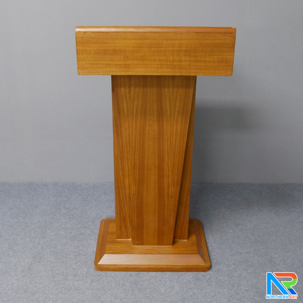 โพเดียมไม้ สีสัก ทรงโมเดิร์น TOP เอียง ขนาด (W)58 x (L)46 cm. สูง 114 cm. พร้อมตู้ใส่ของ มีกุญแจล็อค