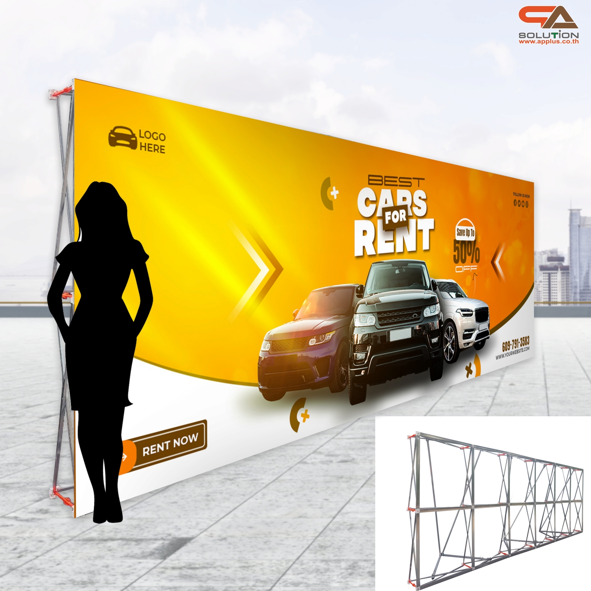 VINYL BACKDROP OUTDOOR บคดรอปไวนิล รุ่น 2x6 ขนาด (W)600 x (H)200 cm. โครงอะลูมิเนียมพร้อมขาค้ำยัน ถอดประกอบได้ เหมาะกับงานภายนอกอาคาร