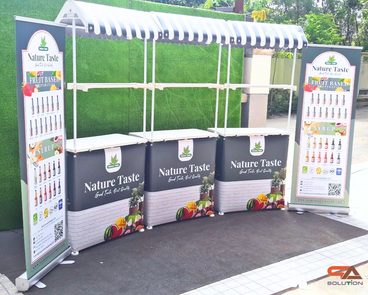 โต๊ะชงชิม บูธชงชิม รุ่นมีหลังคา ขนาด (W)78 x (D)40 x (H)185 cm.พร้อมชั้นวางของ หลังคา ถอดประกอบได้ พร้อมกระเป๋า 1 ใบ