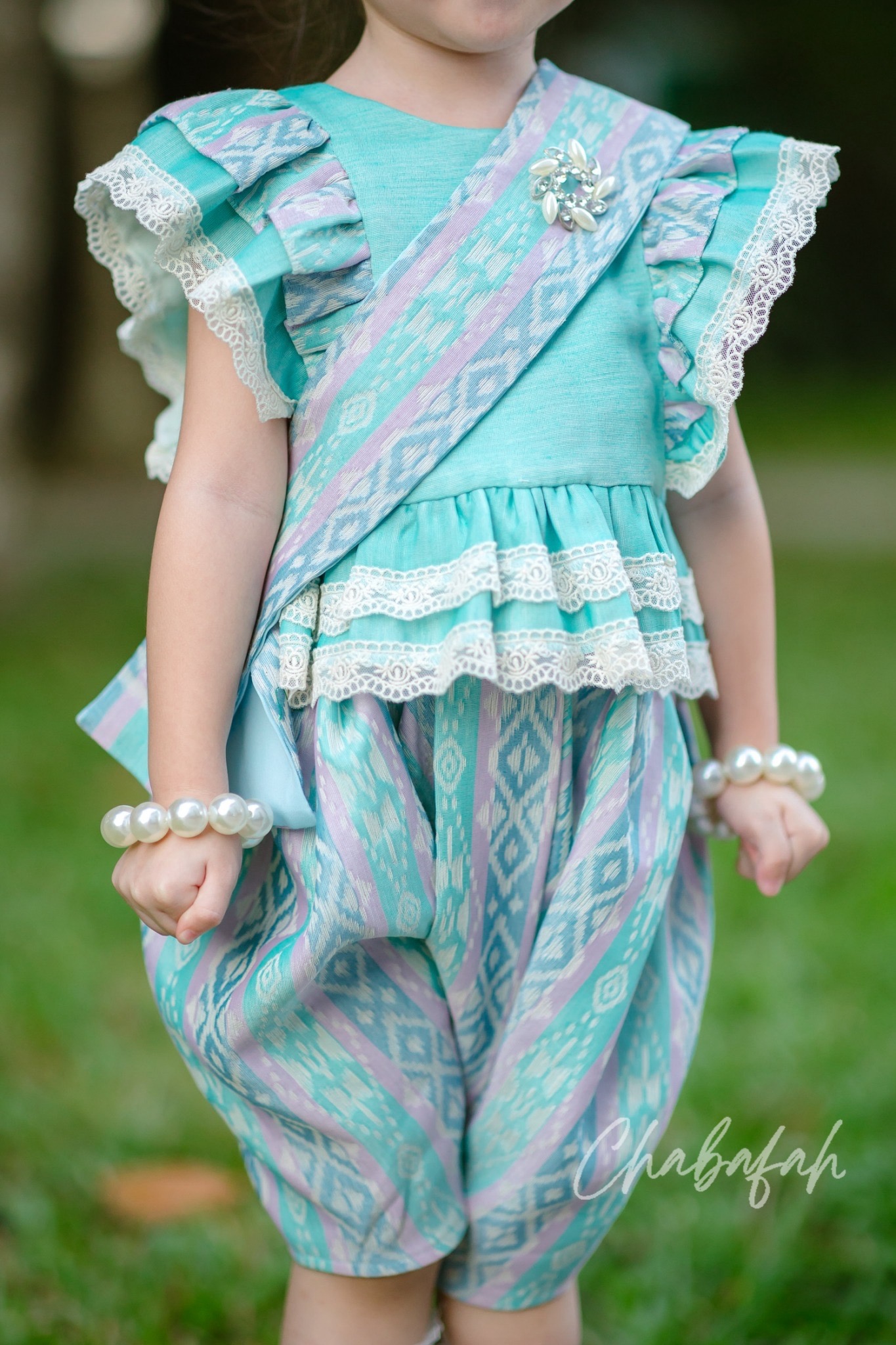 (เซต 4 ชิ้น) ชุดไทยแบรนด์ Chabafah รุ่น ศิรินภา สีฟ้า