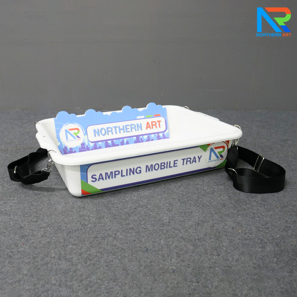 SAMPLING MOBILE TRAY ถาดแจกเคลื่อนที่ ขนาด (W)52 x (D)38 x (H)11 cm. ถาดพลาสติกสีขาวพร้อมสายคล้อง