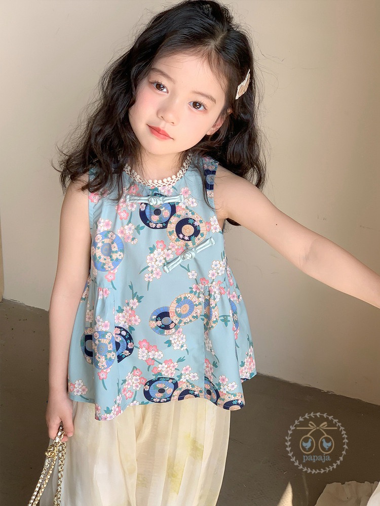 เซตเสื้อแขนกุดคอจีนผ้าพิมพ์ลายสีฟ้า พร้อมกางเกงทรงฮาเล็มสีครีม