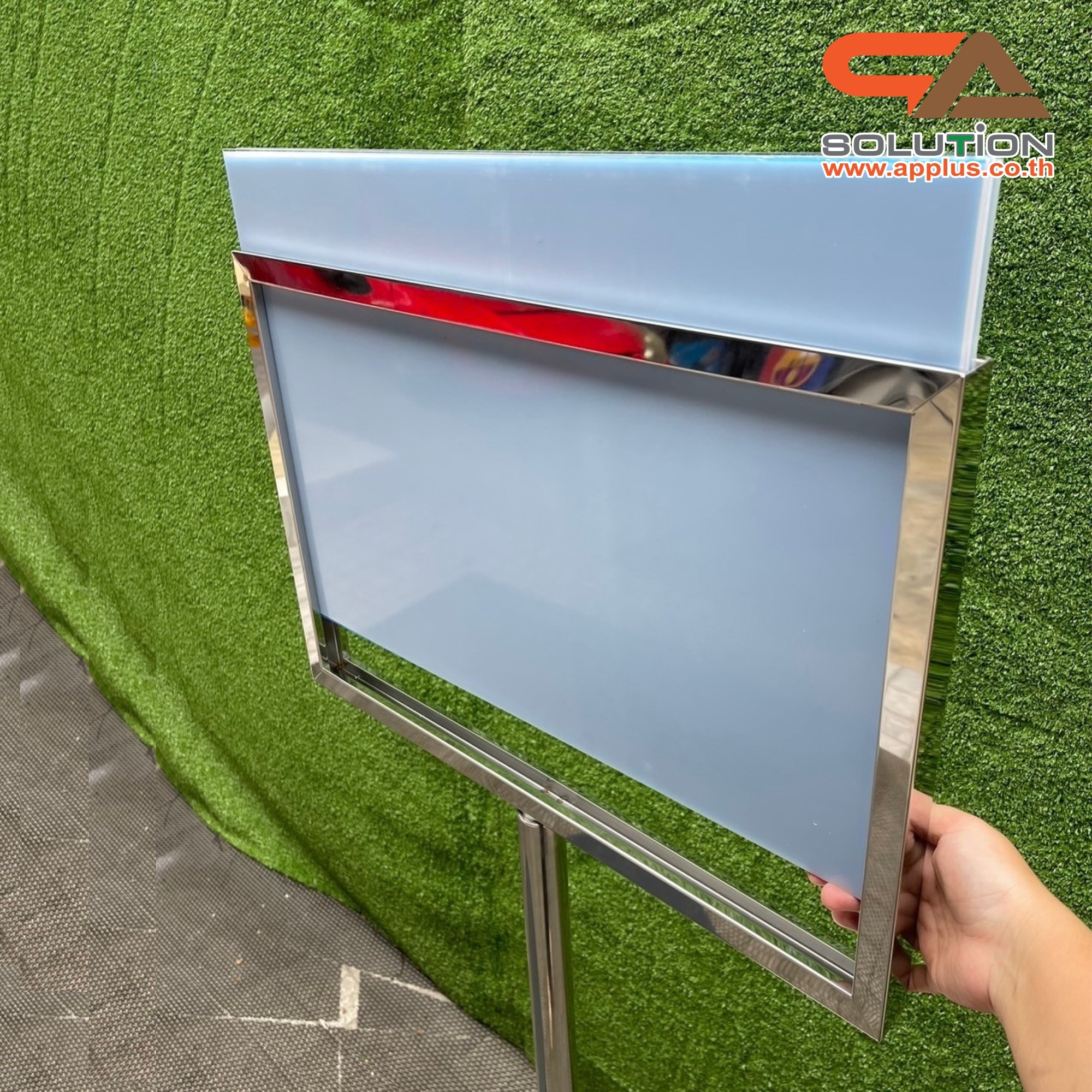 เช่าโปสเตอร์สแตนด์ สแตนเลส ขนาด A2 ฐานกลม โชว์ภาพ2ด้าน สอดงานพิมพ์ด้านบน