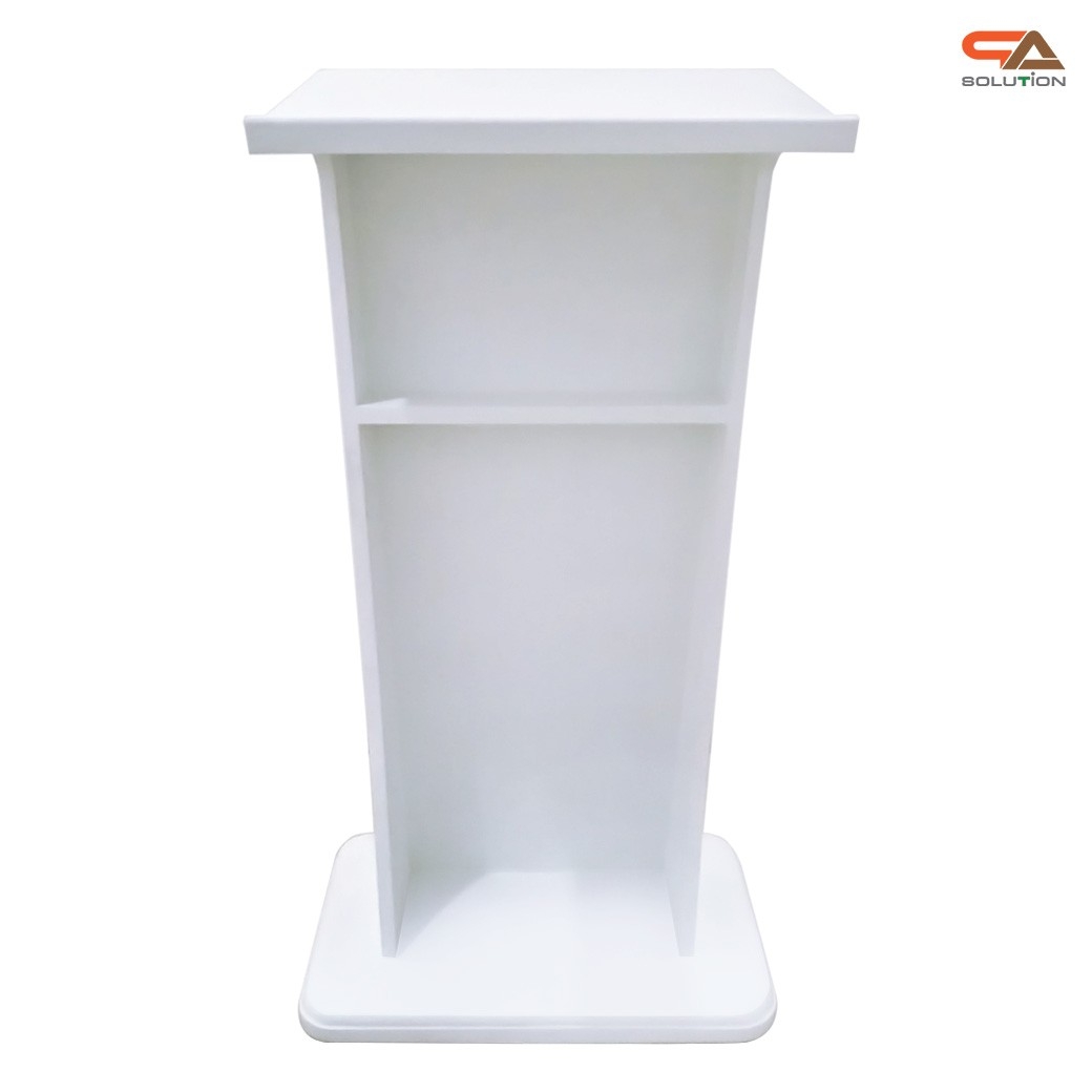 โพเดียมไม้ สีขาว รุ่น PD-11 ทรงโมเดิร์น ขนาด (W)55 x (L)40 x (H)115 cm. TOP เอียง พร้อมชั้นวางของ