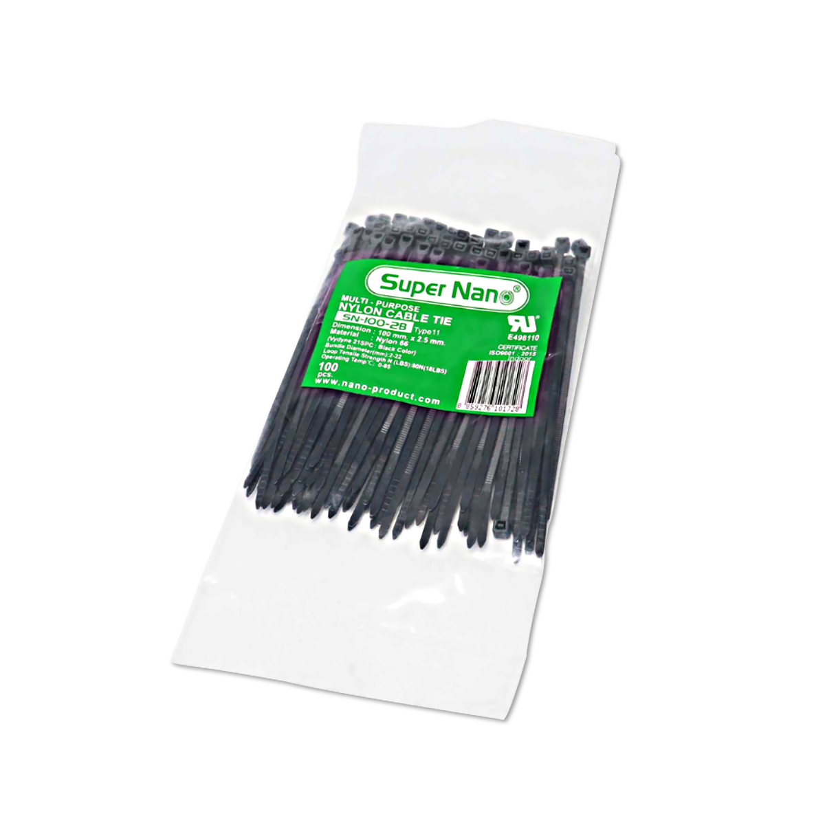 เคเบิ้ลไทร์ NANO ดำ SN-100-2B (100 ชิ้น/ถุง, 10,000 ชิ้น/กล่อง)