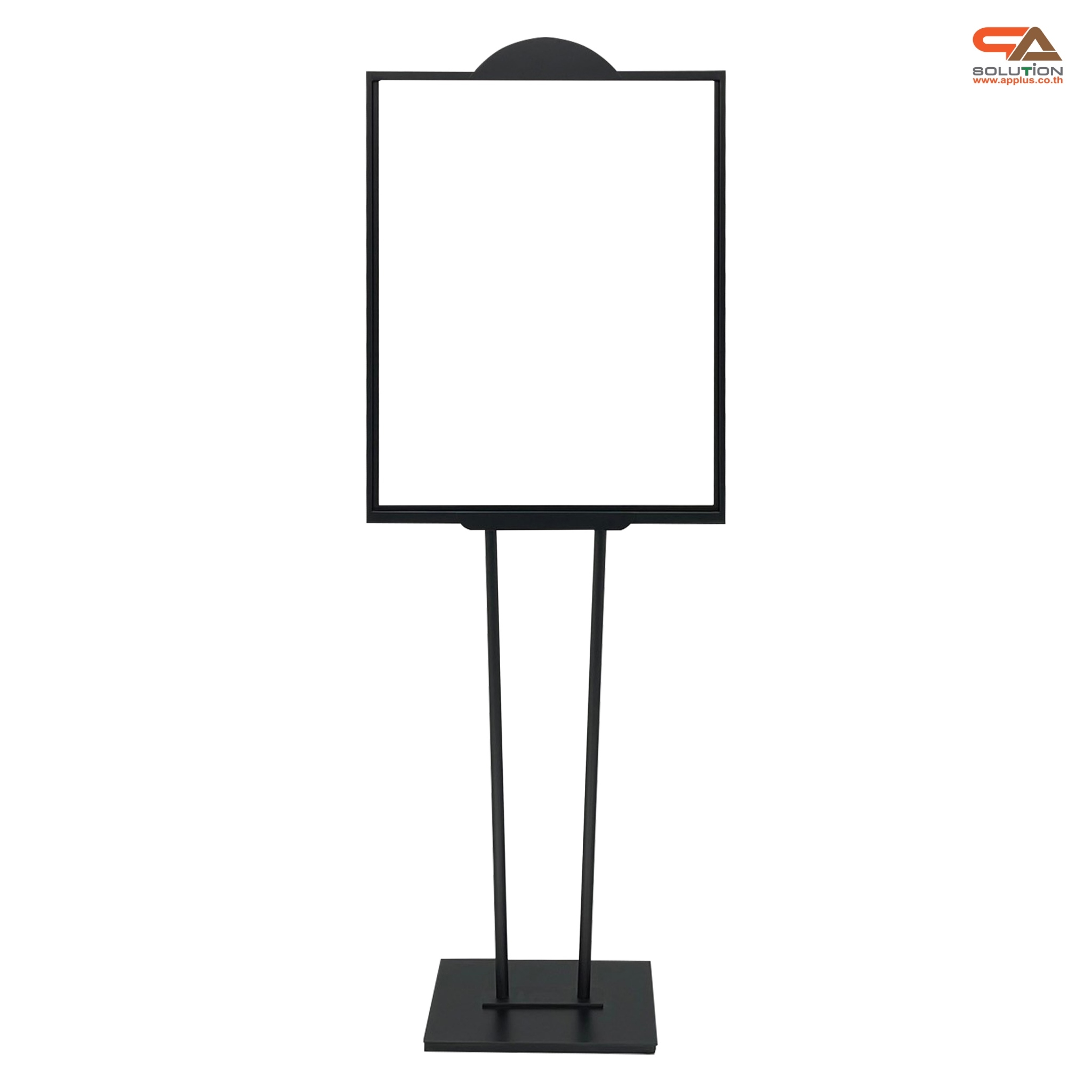 โปสเตอร์สแตนด์เหล็ก เสาคู่ สีดำ ขนาด (W)58 x (L)73 x H157 cm. ฐานเหลี่ยม โชว์งานพิมพ์2ด้าน ด้านบนครึ่งวงกลม สำหรับใส่โลโก้ ถอดประกอบได้