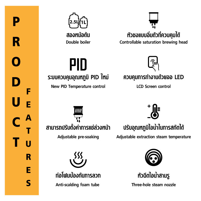 AURORA2 เครื่องชงเอเพรสโซ่ 1 หัวชง 1750W -2 หม้อต้ม-PIDควบคุมอุณหภูมิ