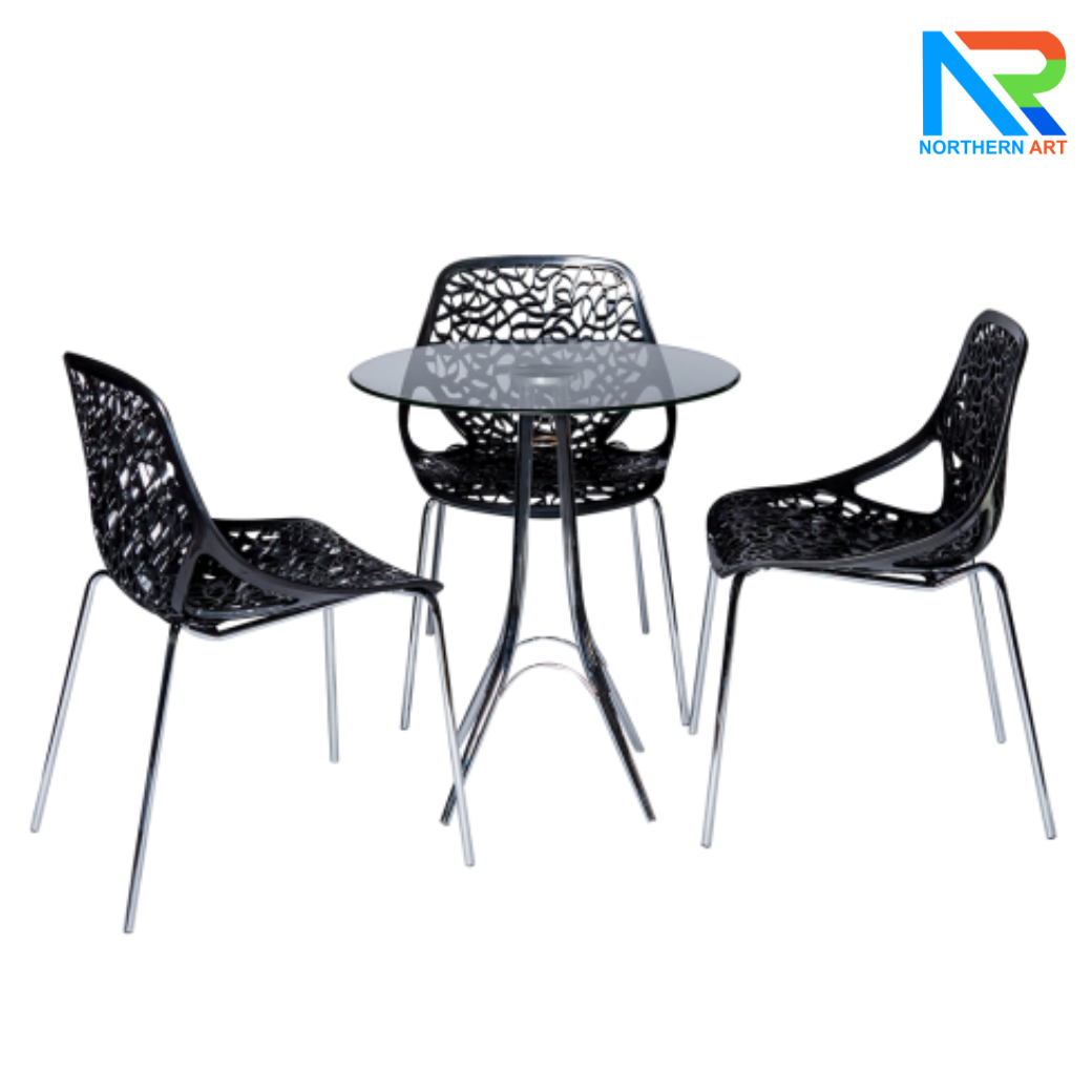 เช่าชุดโต๊ะบาร์ Top กระจกกลม ขาเหล็กชุบโครเมี่ยม พร้อมเก้าอี้ 3 ตัว (เก้าอี้มีหลายแบบให้เลือก)