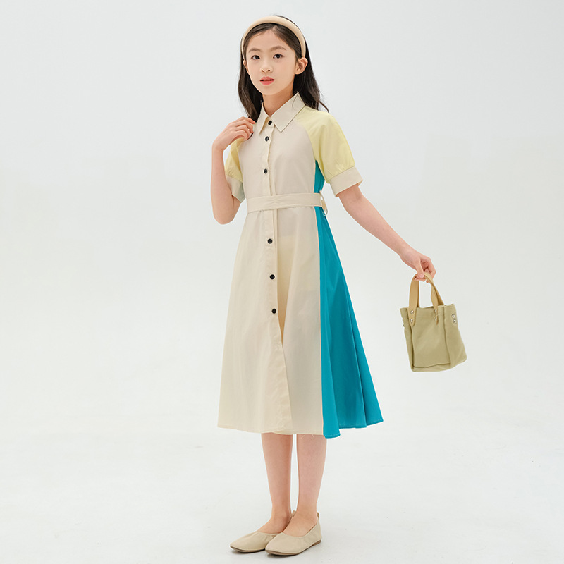 เดรสแขนตุ๊กตา 3 โทนสีมาพร้อมโบว์คาดเอว