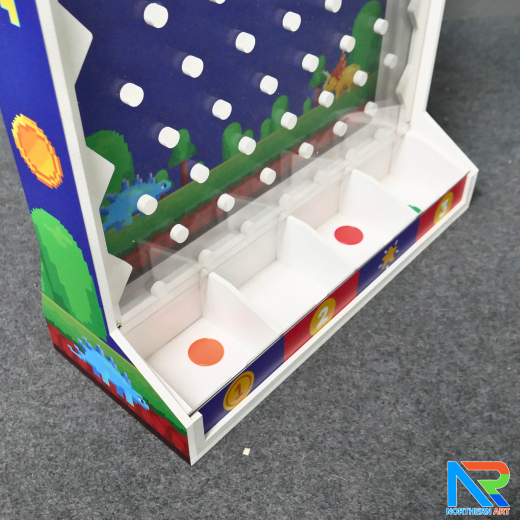 เช่าเกมส์หย่อนเหรียญตั้งโต๊ะ ขนาด (W)50 X (D)20 X (H)80 cm. วัสดุพลาสวูดหนา 8 มม. พร้อมเหรียญพลาสติกคละสี 10 เหรียญ