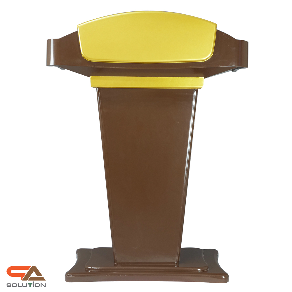 CLEARANCE SALE! โพเดียมไม้สีโอ๊คและสีทอง รุ่น PD-07 ขนาดTOP 90 x 46 ซม.สูง 120 ซม. พร้อมชั้นวางของ