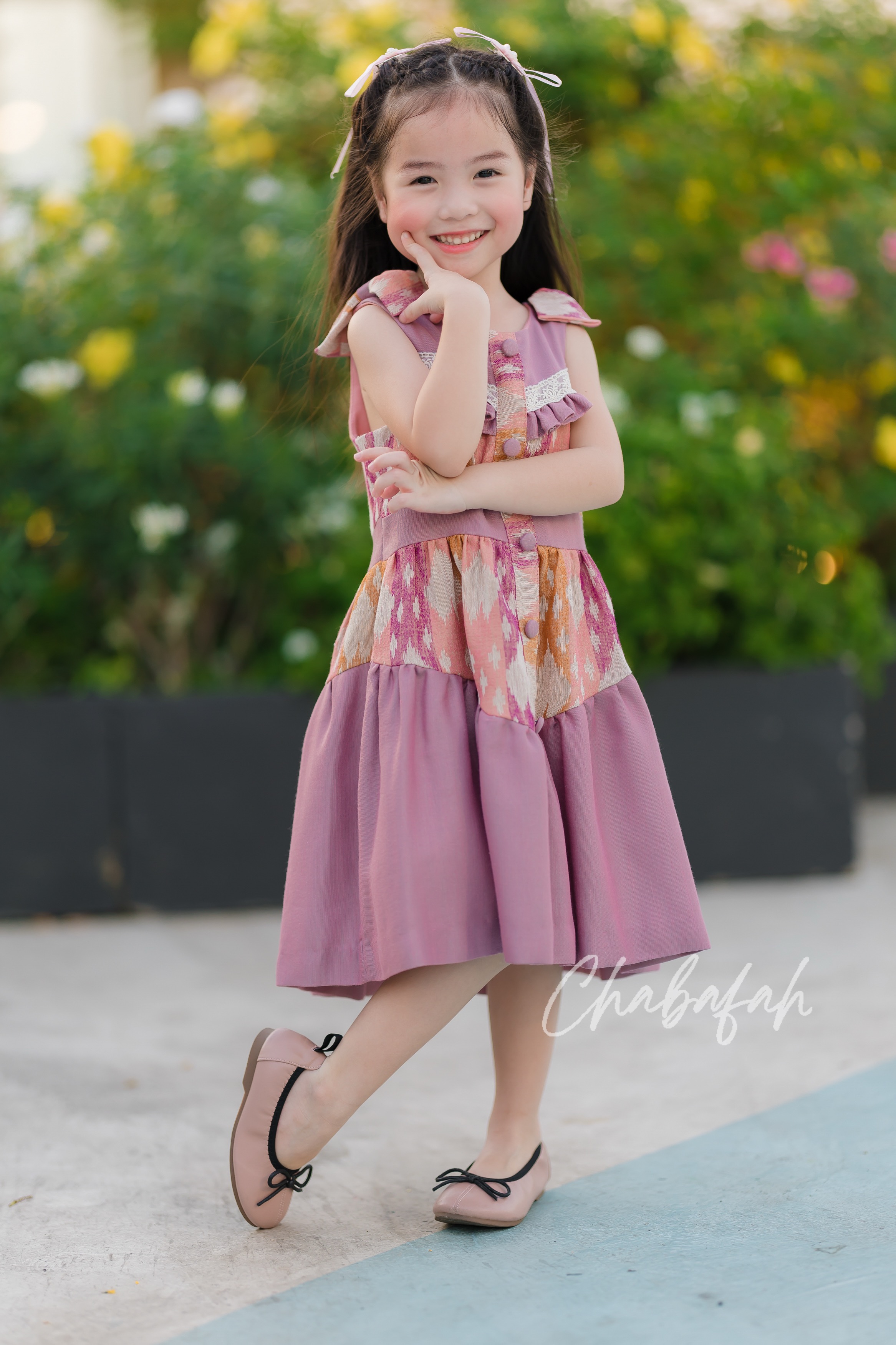 เดรสแขนกุดผ้าไทย แบรนด์ Chabafah สีม่วงตุ่น