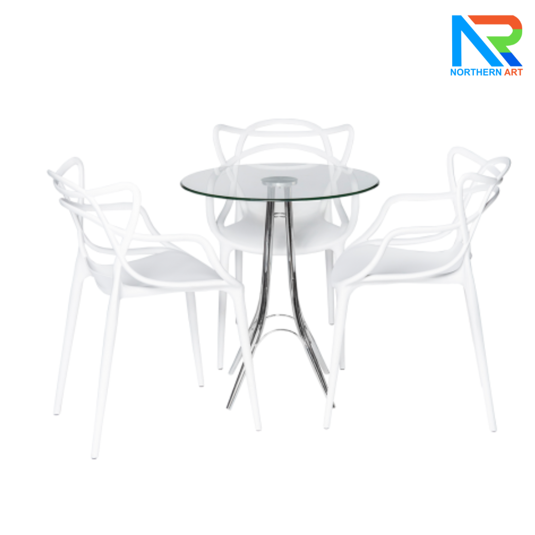 เช่าชุดโต๊ะบาร์ Top กระจกกลม ขาเหล็กชุบโครเมี่ยม พร้อมเก้าอี้ 3 ตัว (เก้าอี้มีหลายแบบให้เลือก)