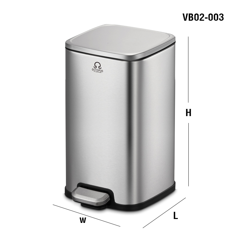 Stainless steel trash can, foot pedal type, square shape, 12 liters