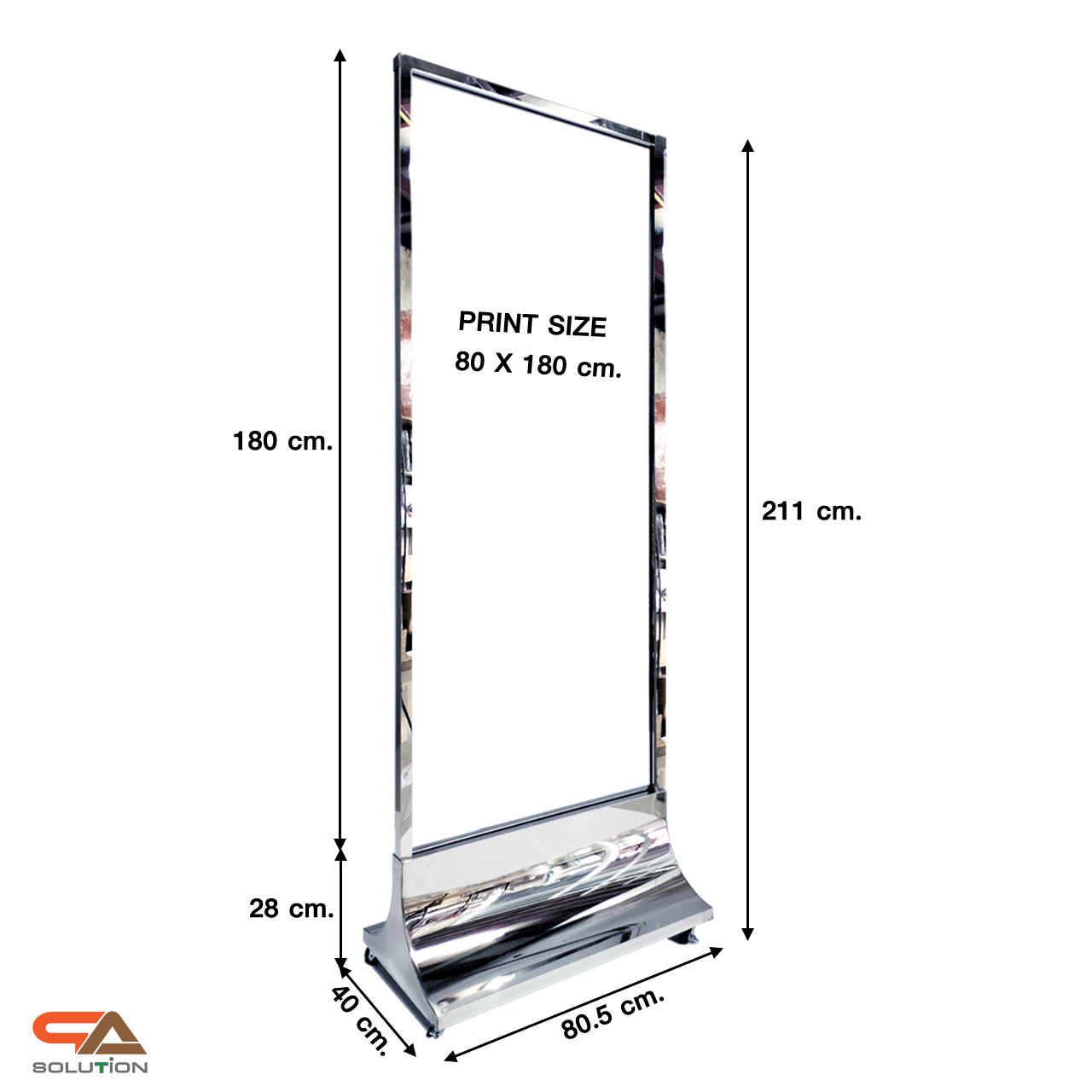 CLEARANCE SALE! ป้ายตั้งพื้น ฐานสแตนเลสเงา ทรงสามเหลี่ยม ขนาด 80x180 cm.ถอดประกอบได้ โชว์งานพิมพ์ 2 ด้าน พร้อมล้อเลื่อน