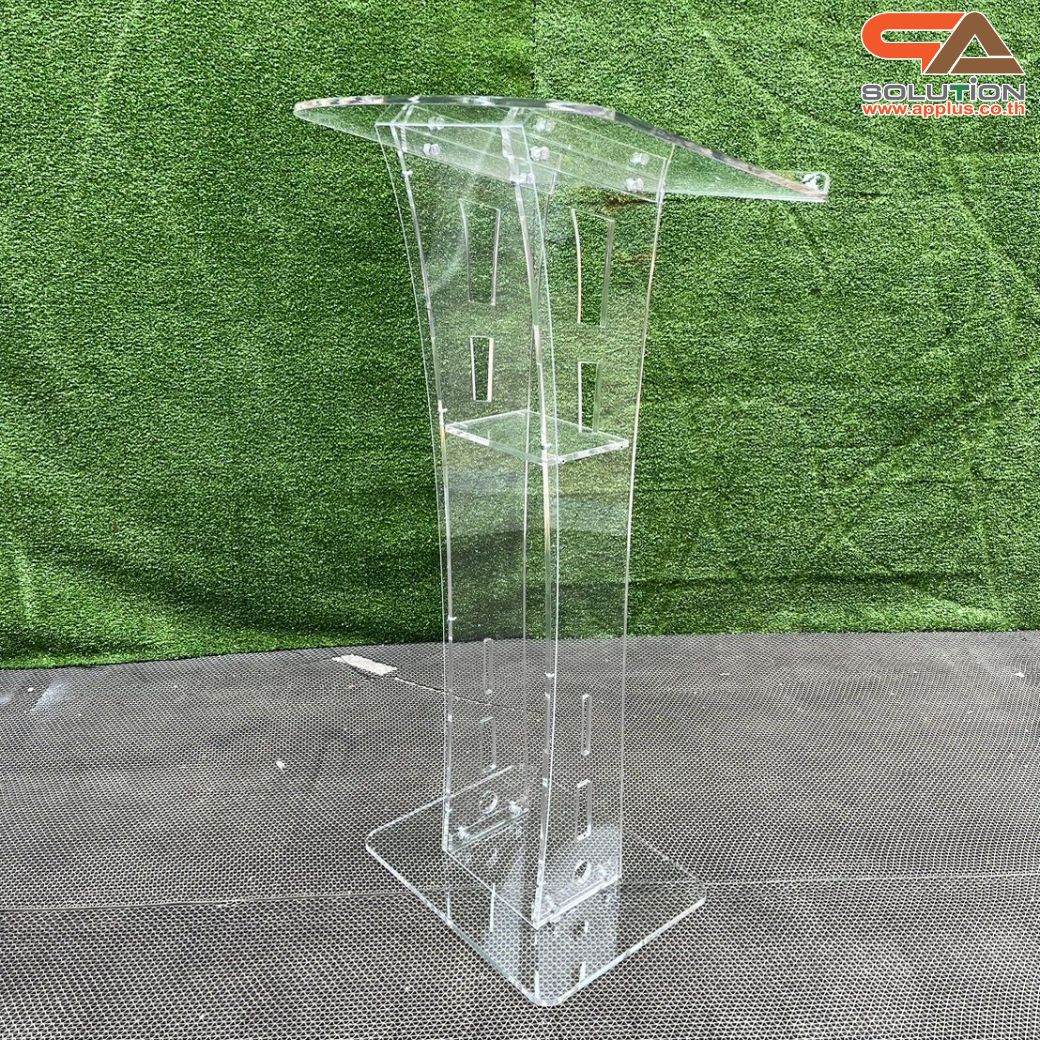 เช่าโพเดียมอะคริลิคใส TOPเอียง พร้อมกันตก ขนาด (W)60 x (L)45 x (H) 113 ซม. อะคริลิคใสหนา 10 มม.