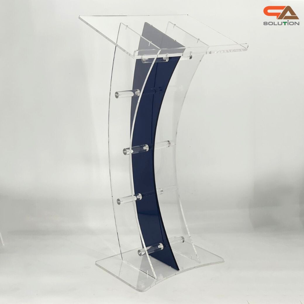 โพเดียมอะคริลิคใส และอะคริลิคสีน้ำเงิน ขนาด(W)60 x (L)42 x (H)113 cm. TOP เอียงพร้อมกันตก