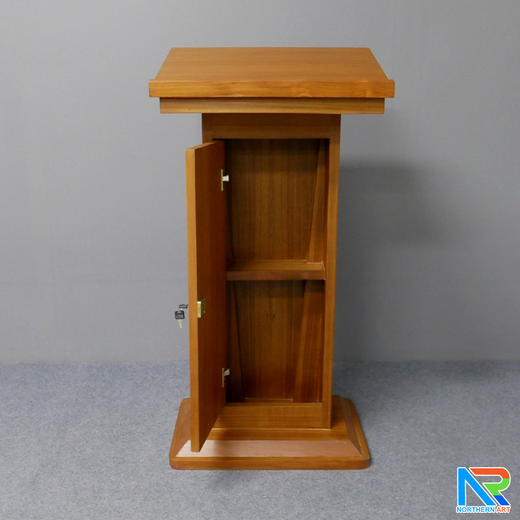 โพเดียมไม้ สีสัก ทรงโมเดิร์น TOP เอียง ขนาด (W)58 x (L)46 cm. สูง 114 cm. พร้อมตู้ใส่ของ มีกุญแจล็อค