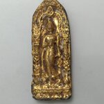 E438 พระลีลากำแพงนิ้ว พิมพ์ 2 หน้า หลวงพ่อขอม วัดไผ่โรงวัว (วัดโพธาราม) จ.สุพรรณบุรี ปี 2505 เนื้อชินตะกั่วปิดทองเดิมๆ