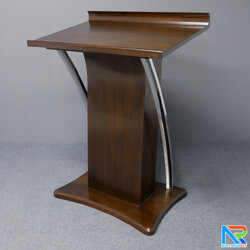 โพเดียมไม้ ยืนคู่ สีโอ๊คเข้ม ขนาด (W) 90x (L) 63 x (H) 120 cm. ตกแต่งเสาโค้งสแตนเลสเกรด 304